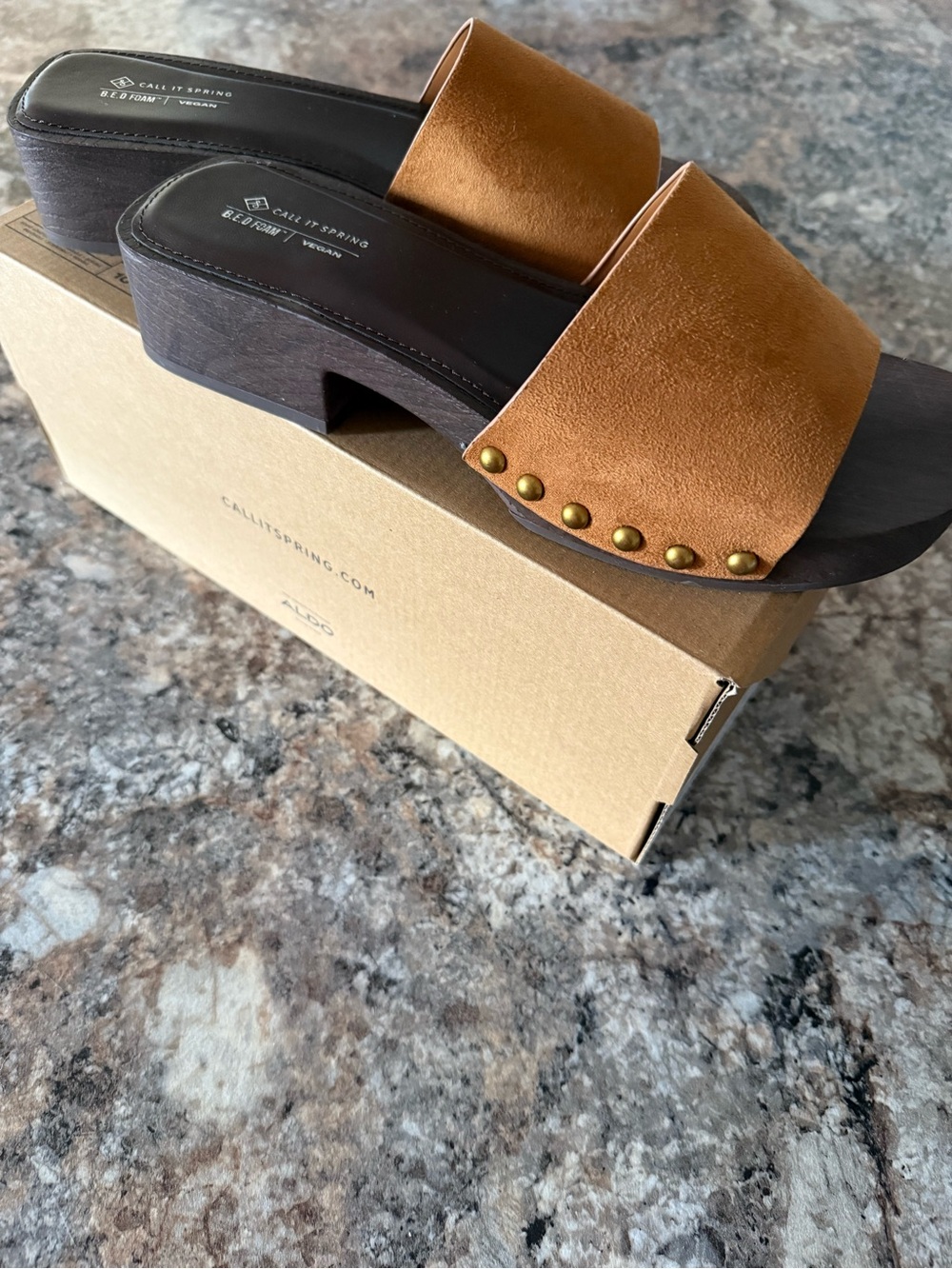 Call It Spring Tan Suede Slide Sandals with Stud Accents